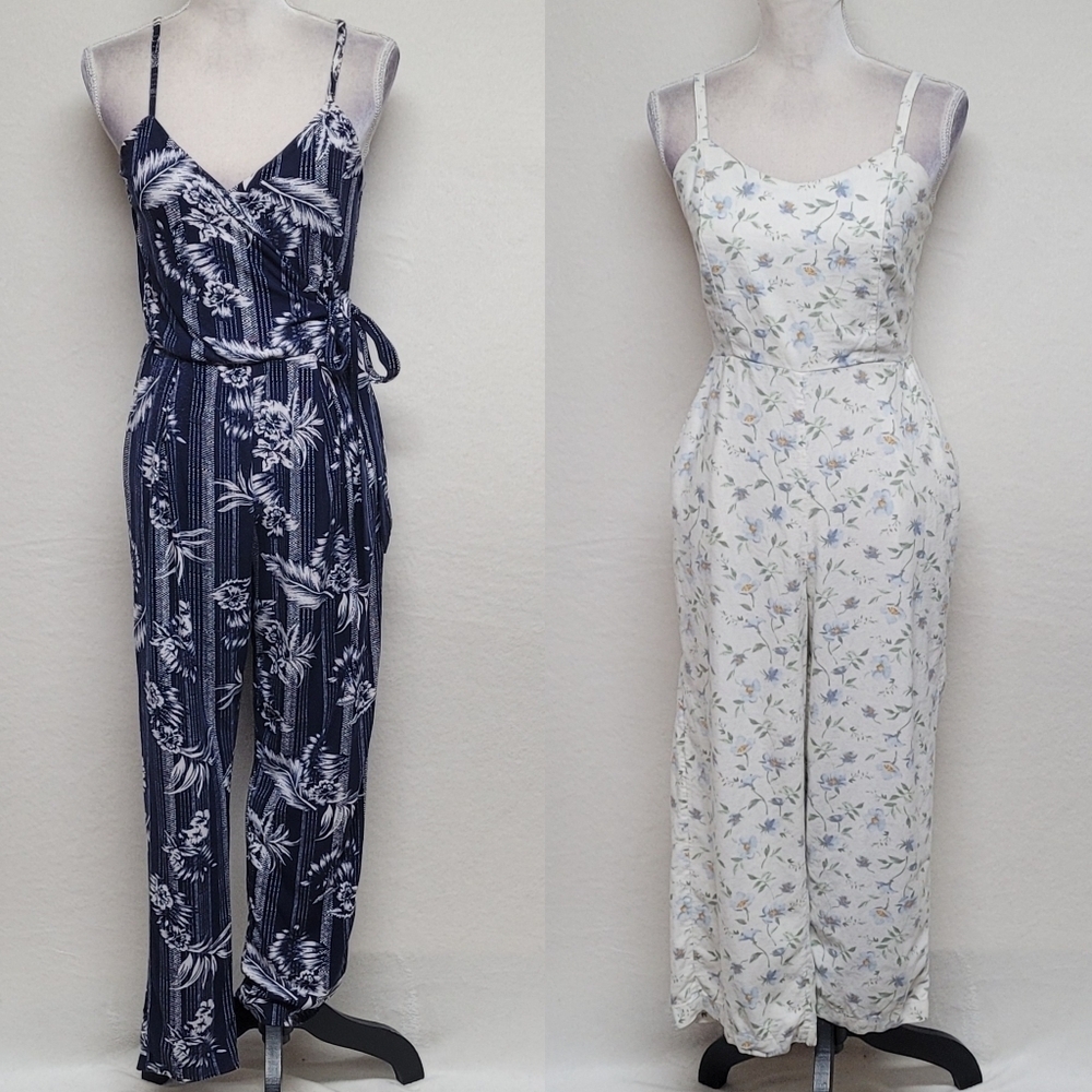 Lot Jumpsuits Derek Heart Blue Tropical Tie-Waist Old Navy Floral Linen S-M - Picture 1 of 16